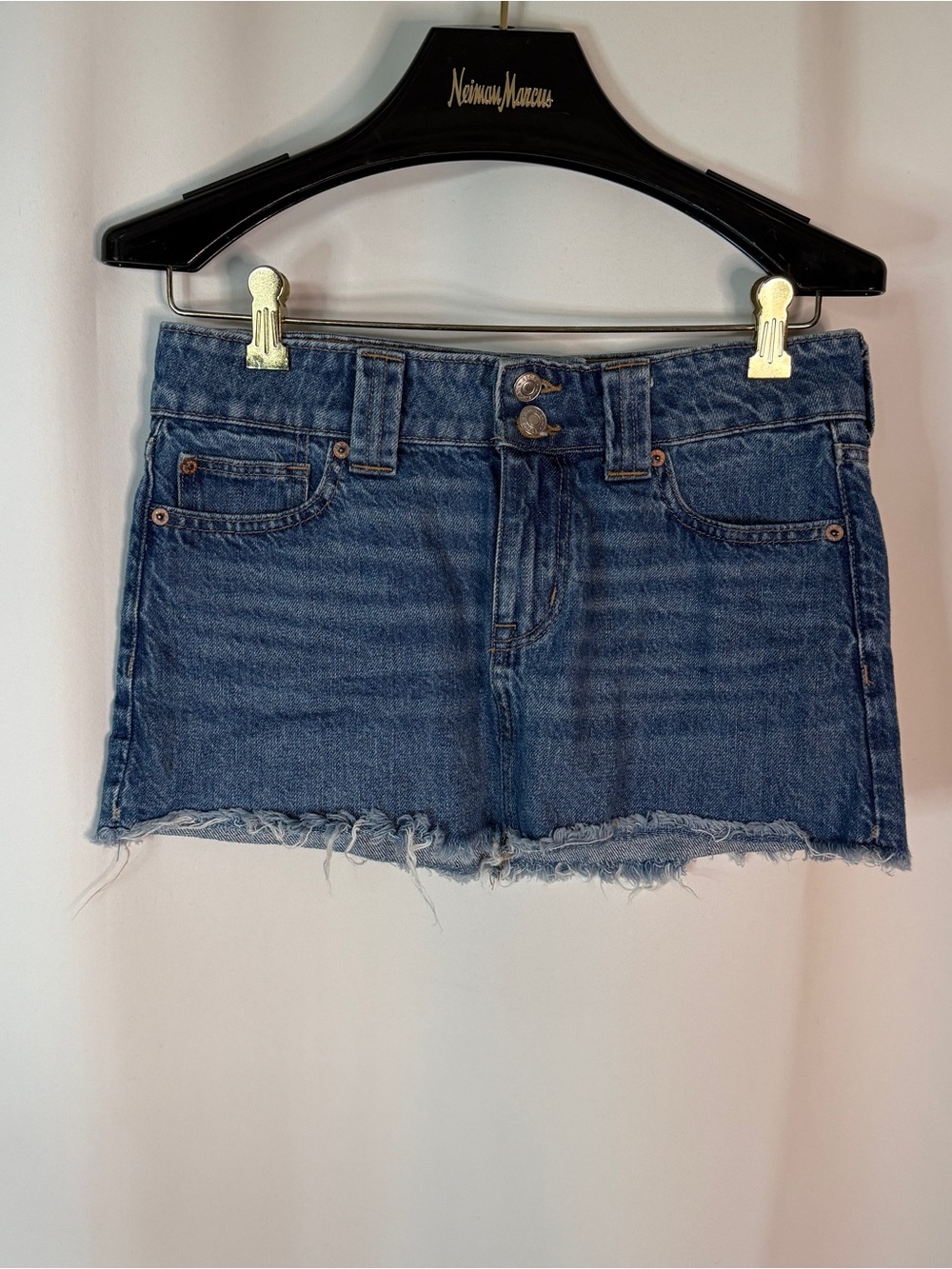 American Eagle Outfitters Blue Denim Frayed Low Rise Mini Skirt